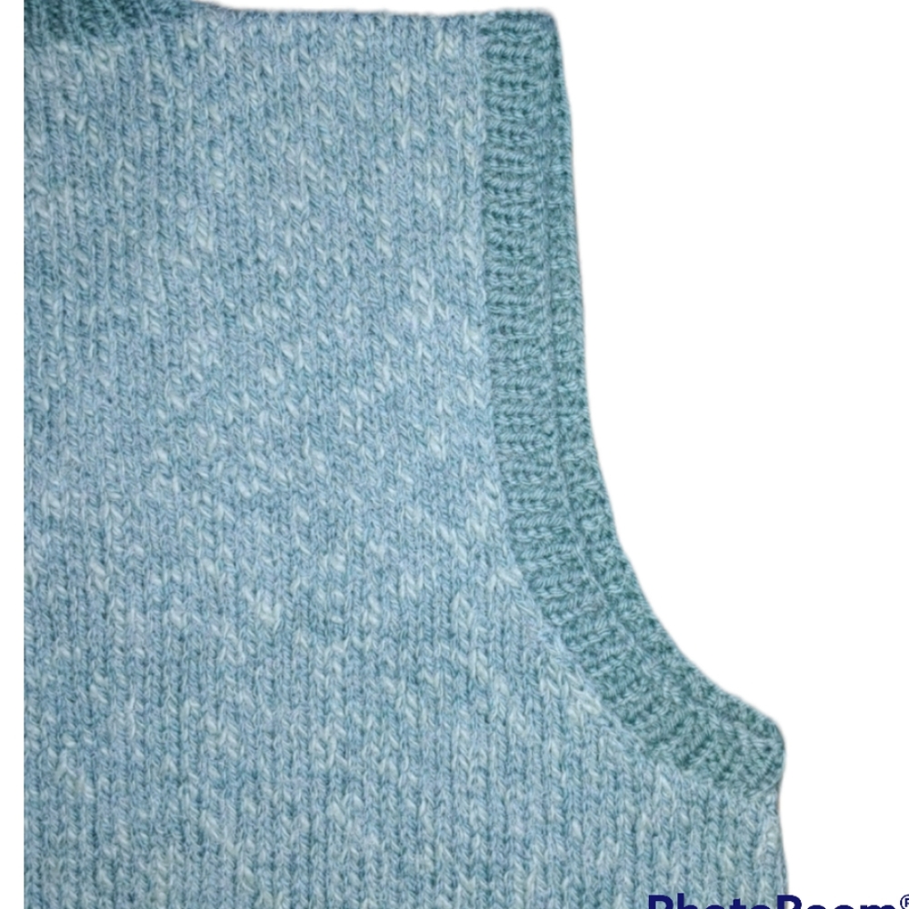 Hand Knit Wool Vest Loose Fit Contrast Ribbed Edges - Picture 5 of 8